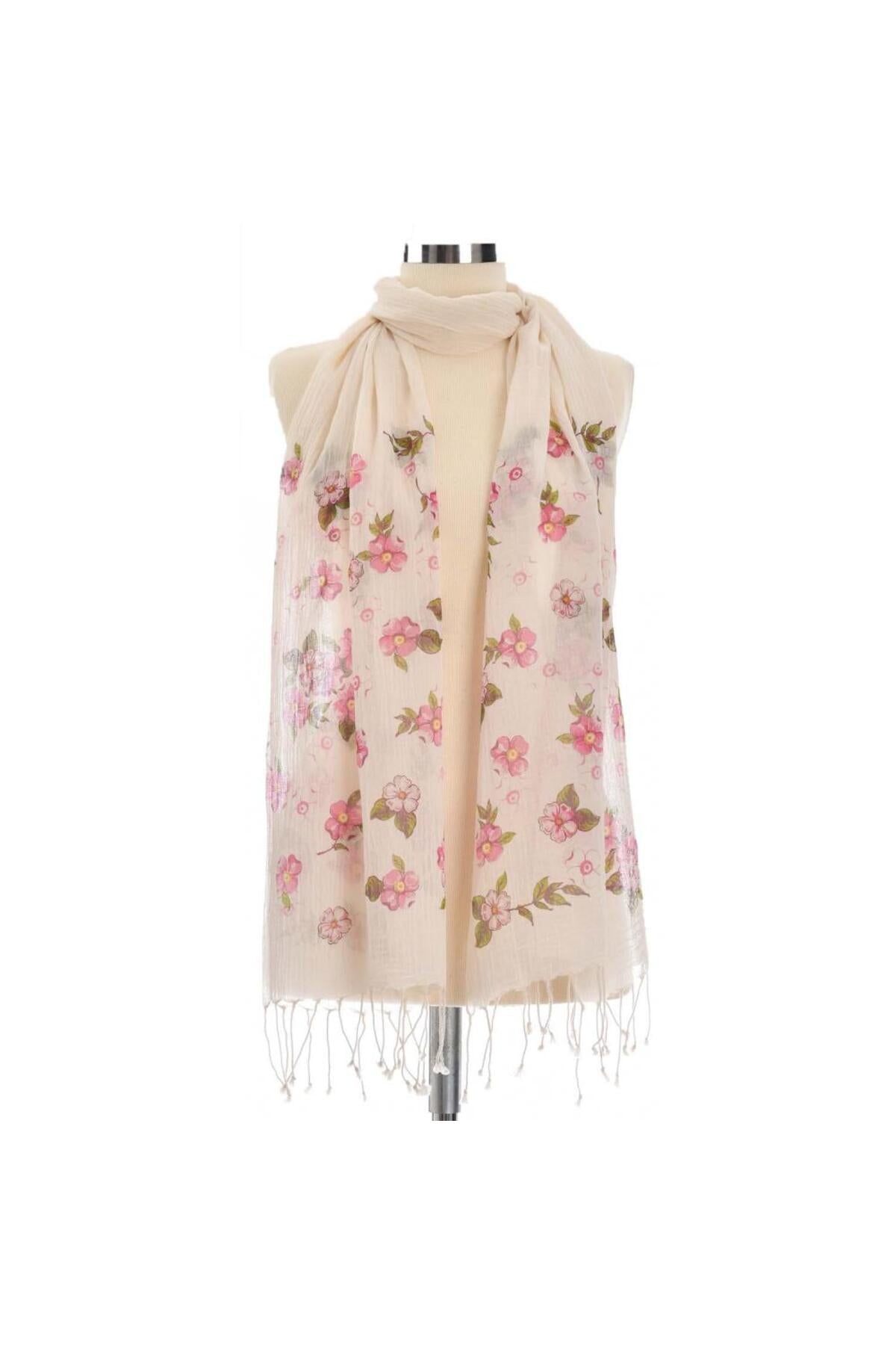Elma Çiçeği Desenli Pamuk Fular 50x200 cm | %100 Pamuk Kadın Fular