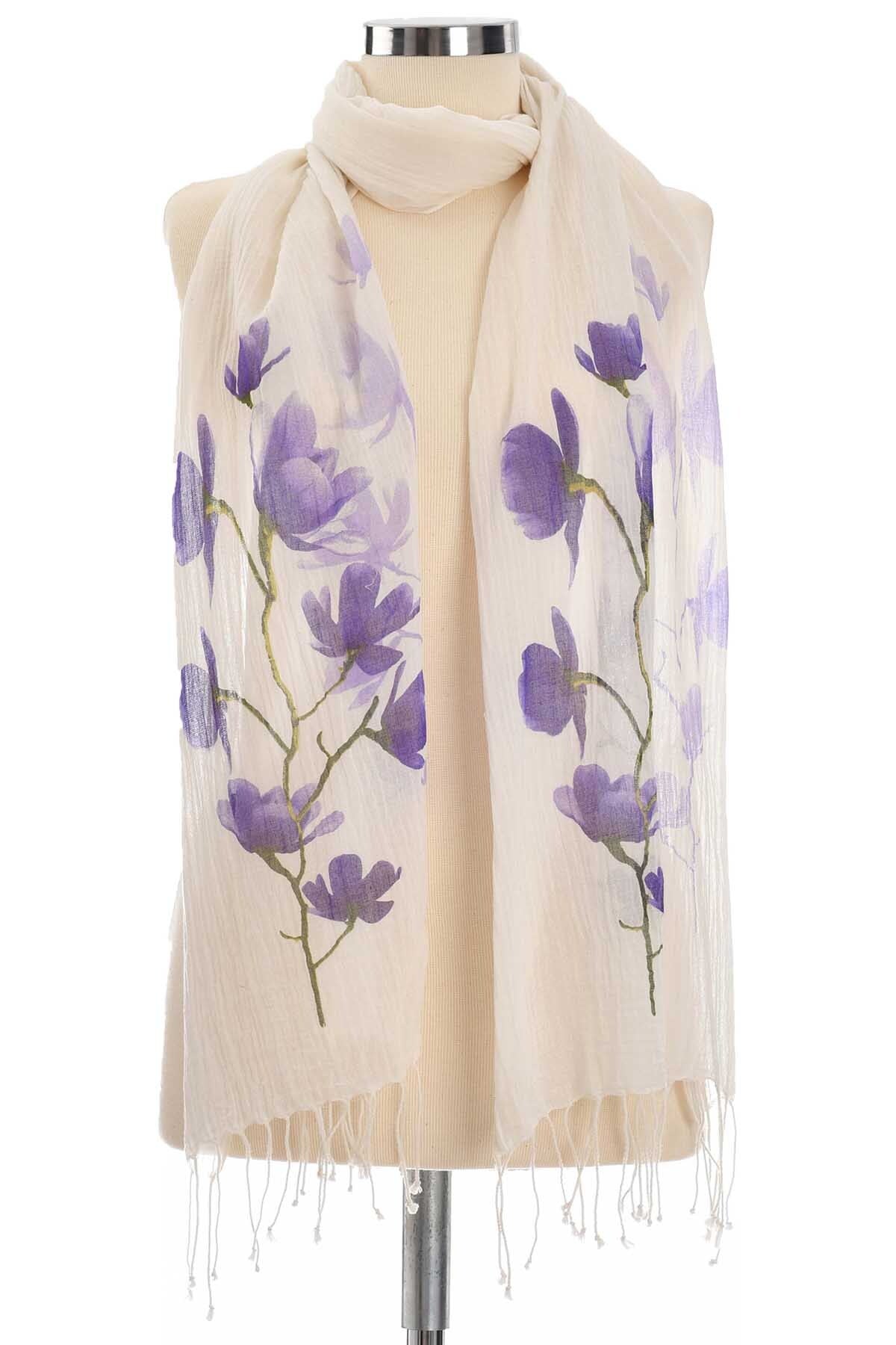 mor çiçek desenli fular