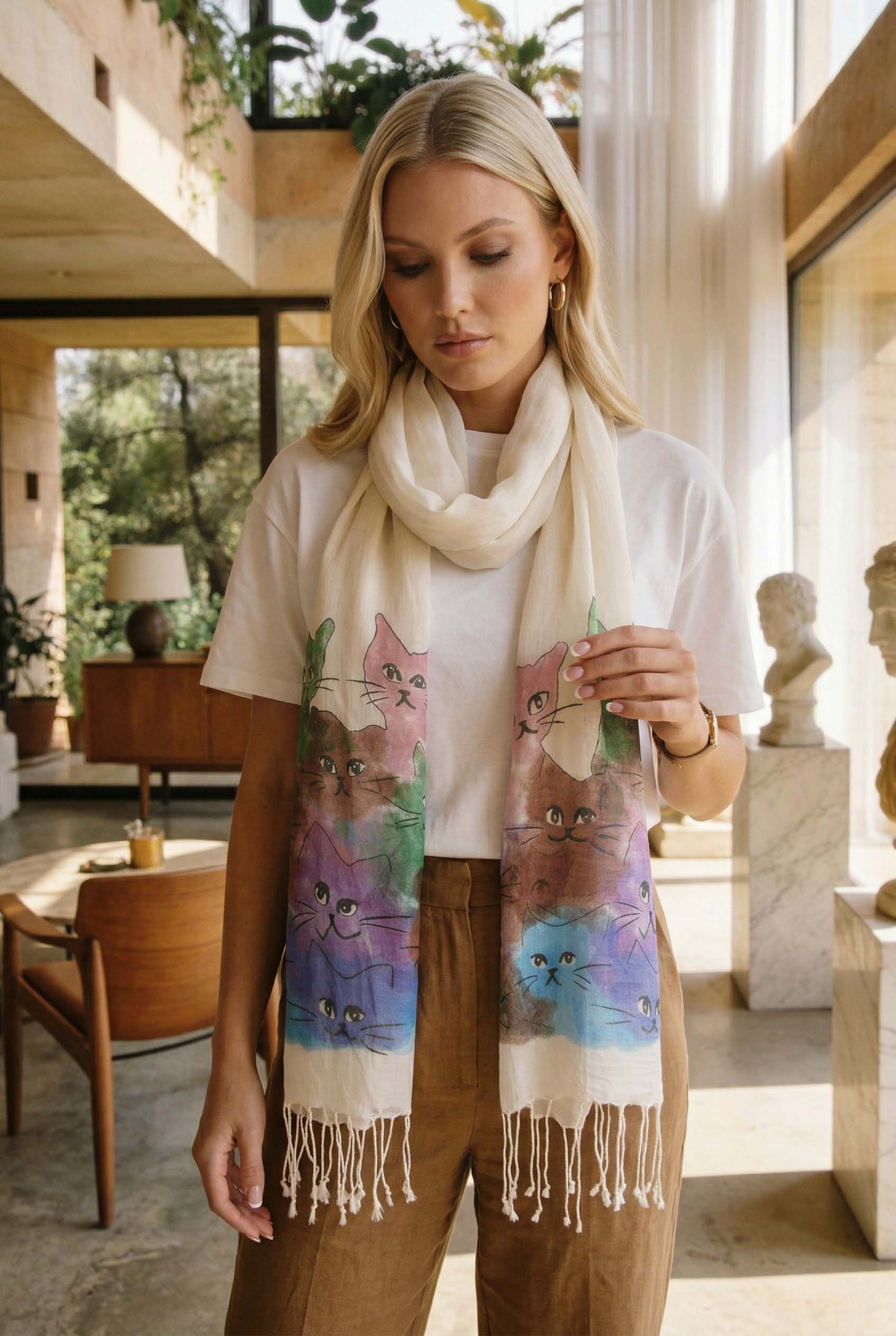 kedi desenli kadın fular