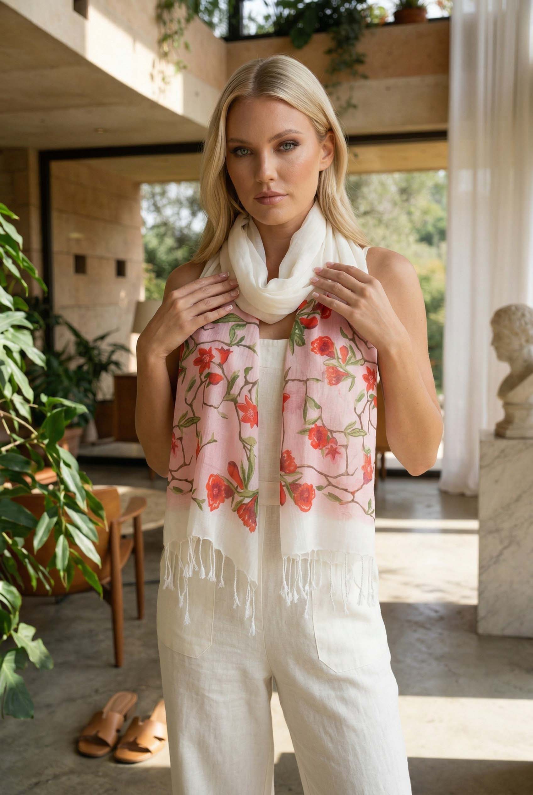 Nar Çiçeği Desenli Pamuk Fular 50x200 cm | %100 Pamuk Zarif Kadın Fuları