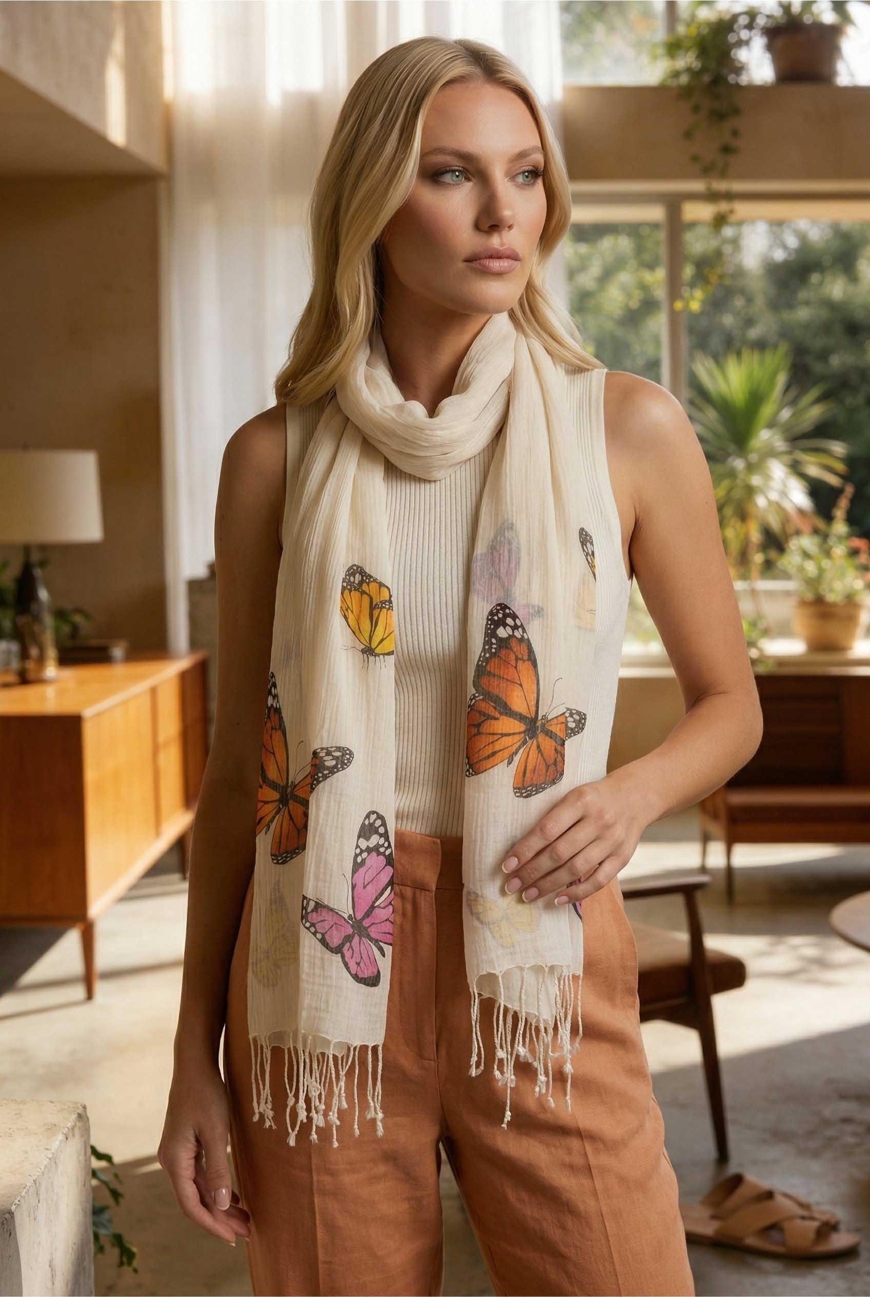 Kelebek Desenli Pamuk Fular 50x200 cm | %100 Pamuk Şık Kadın Fuları