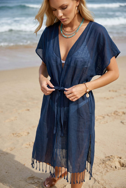 lacivert pamuk kimono pareo