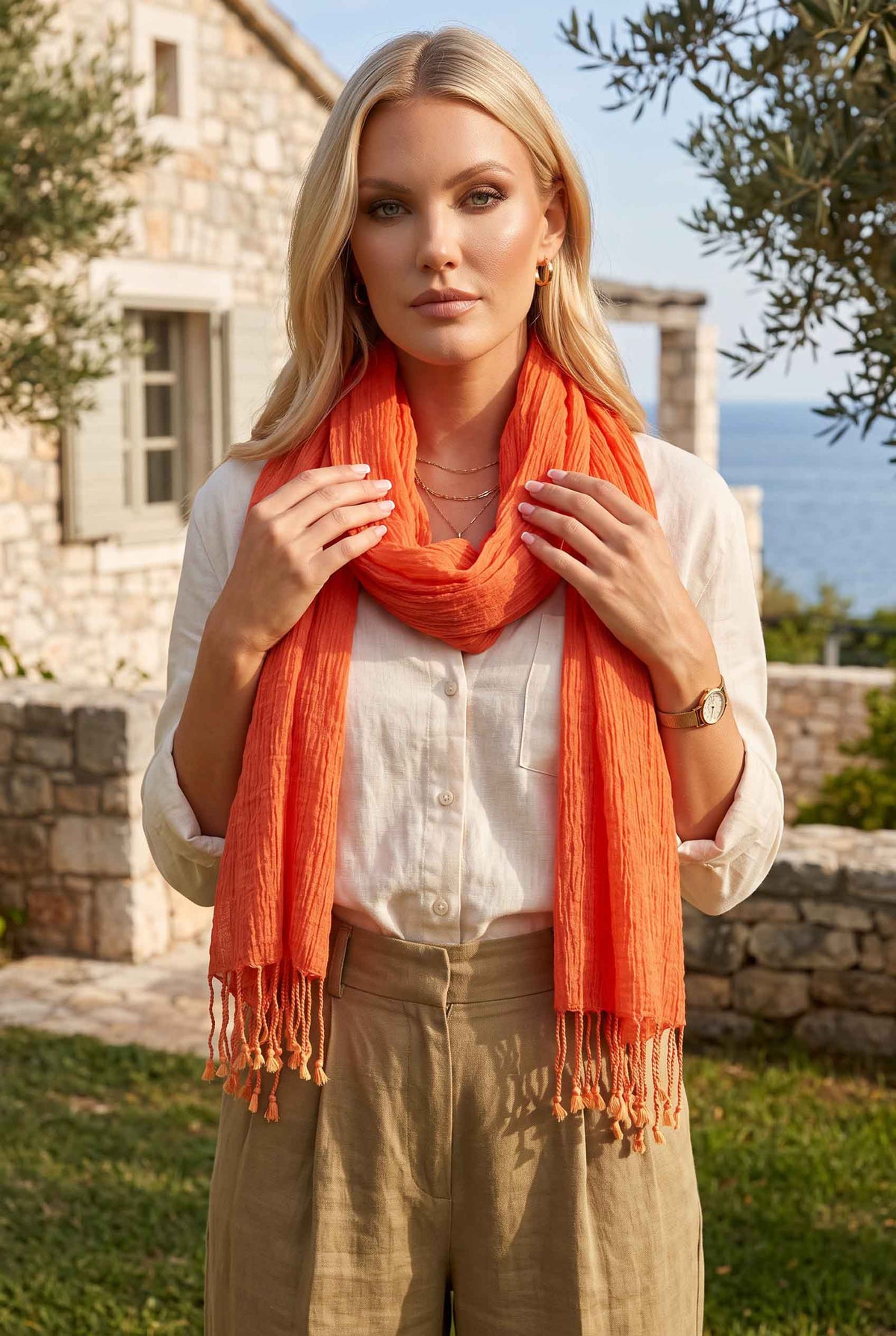 Kadın Orange Denim Pamuk Fular | 45x195 cm