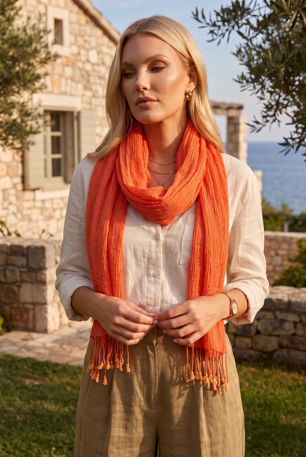 Kadın Orange Denim Pamuk Fular | 45x195 cm