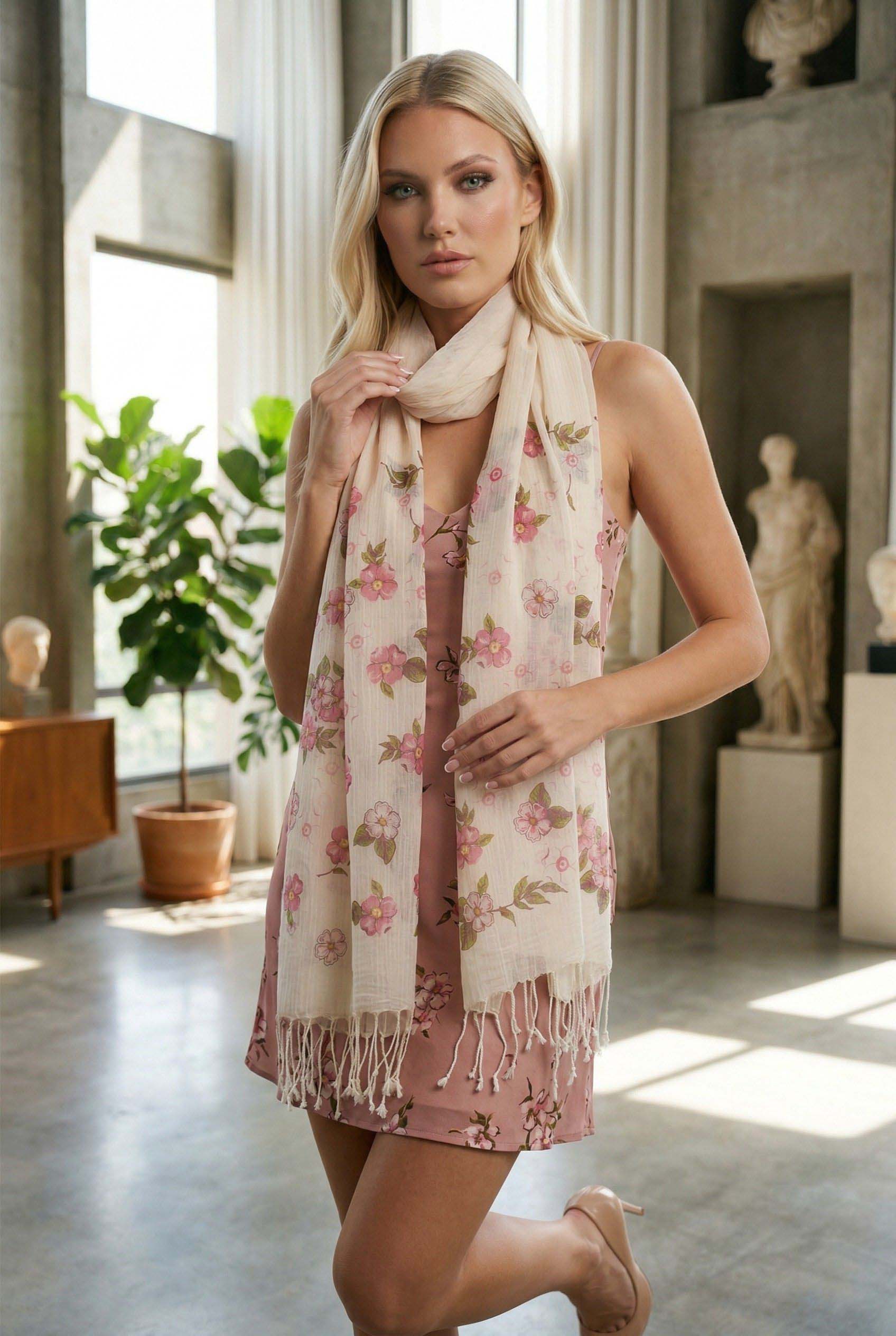 Elma Çiçeği Desenli Pamuk Fular 50x200 cm | %100 Pamuk Kadın Fular