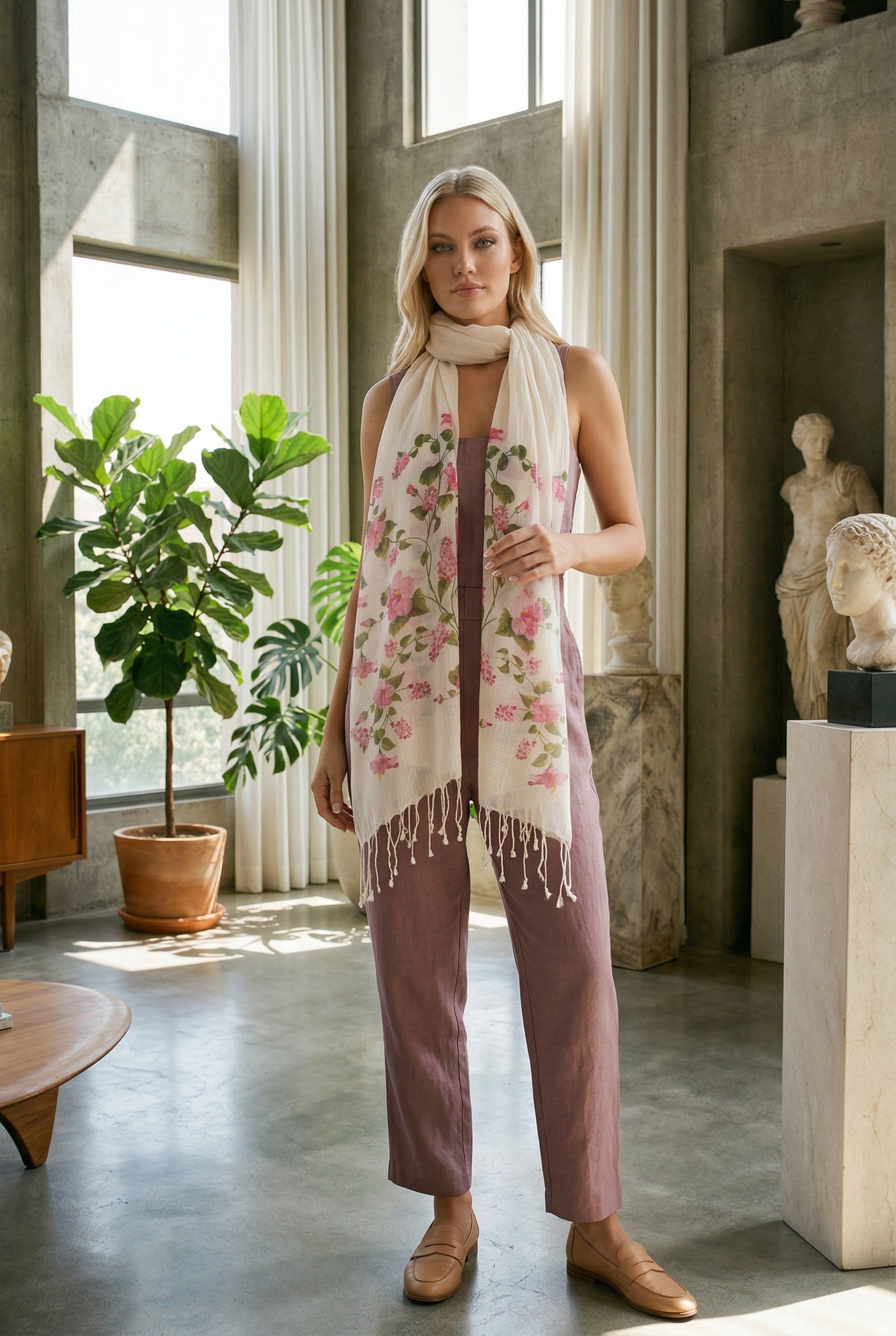 Japon Çiçeği Desenli Pamuk Fular | %100 Pamuk