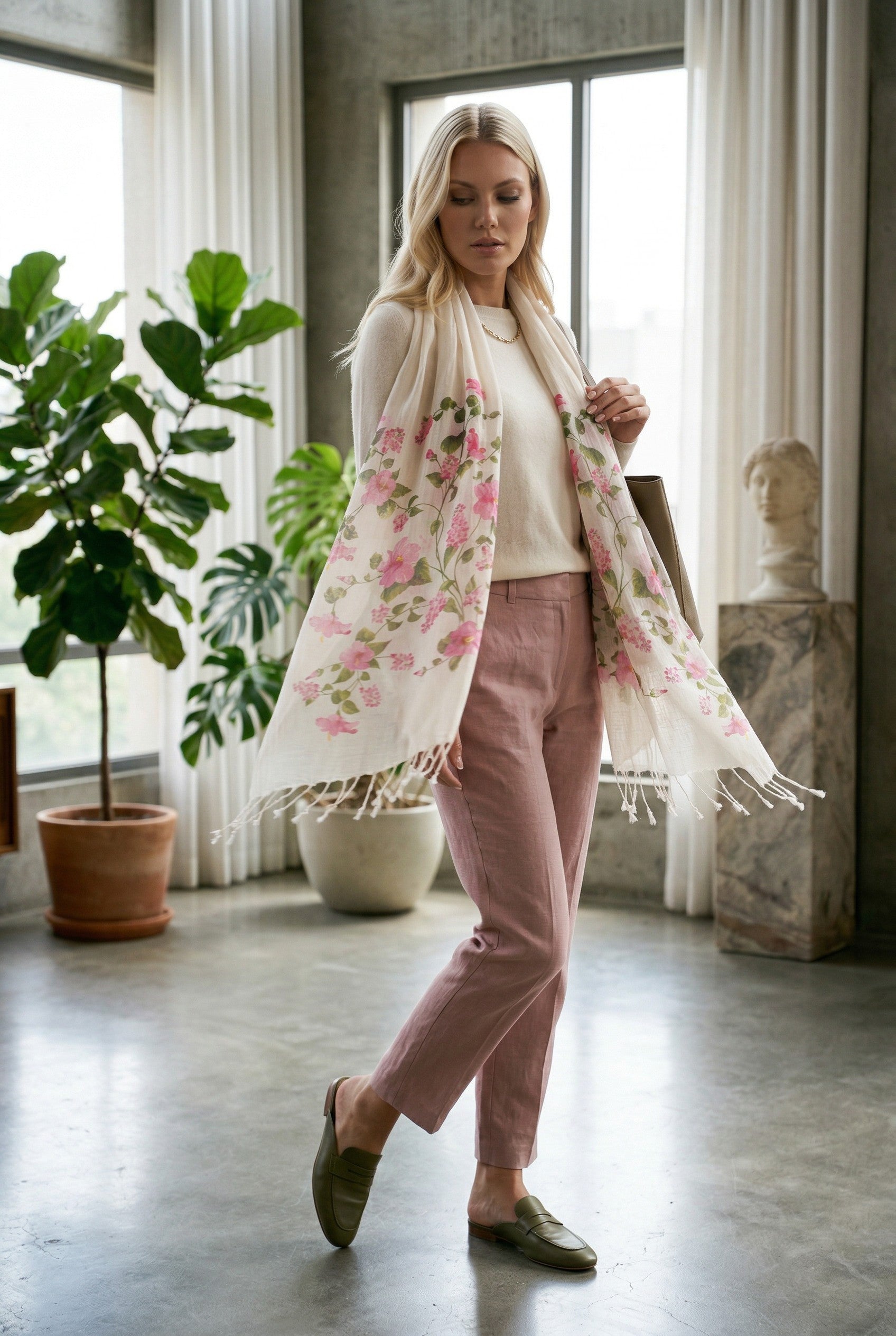 Japon Çiçeği Desenli Pamuk Fular | %100 Pamuk