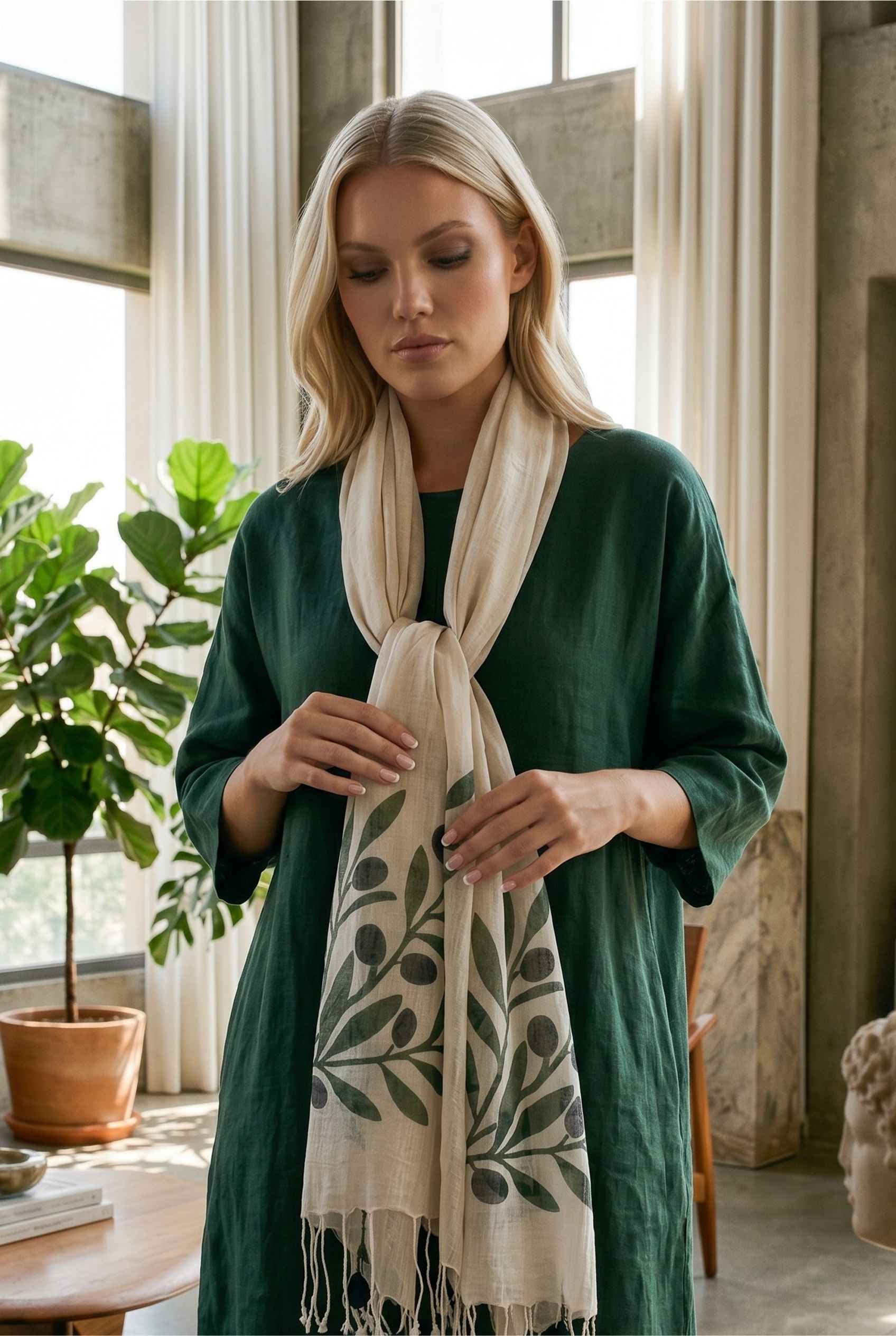 Zeytin Desenli Pamuk Fular 50x200 cm | %100 Pamuk Kadın Fuları