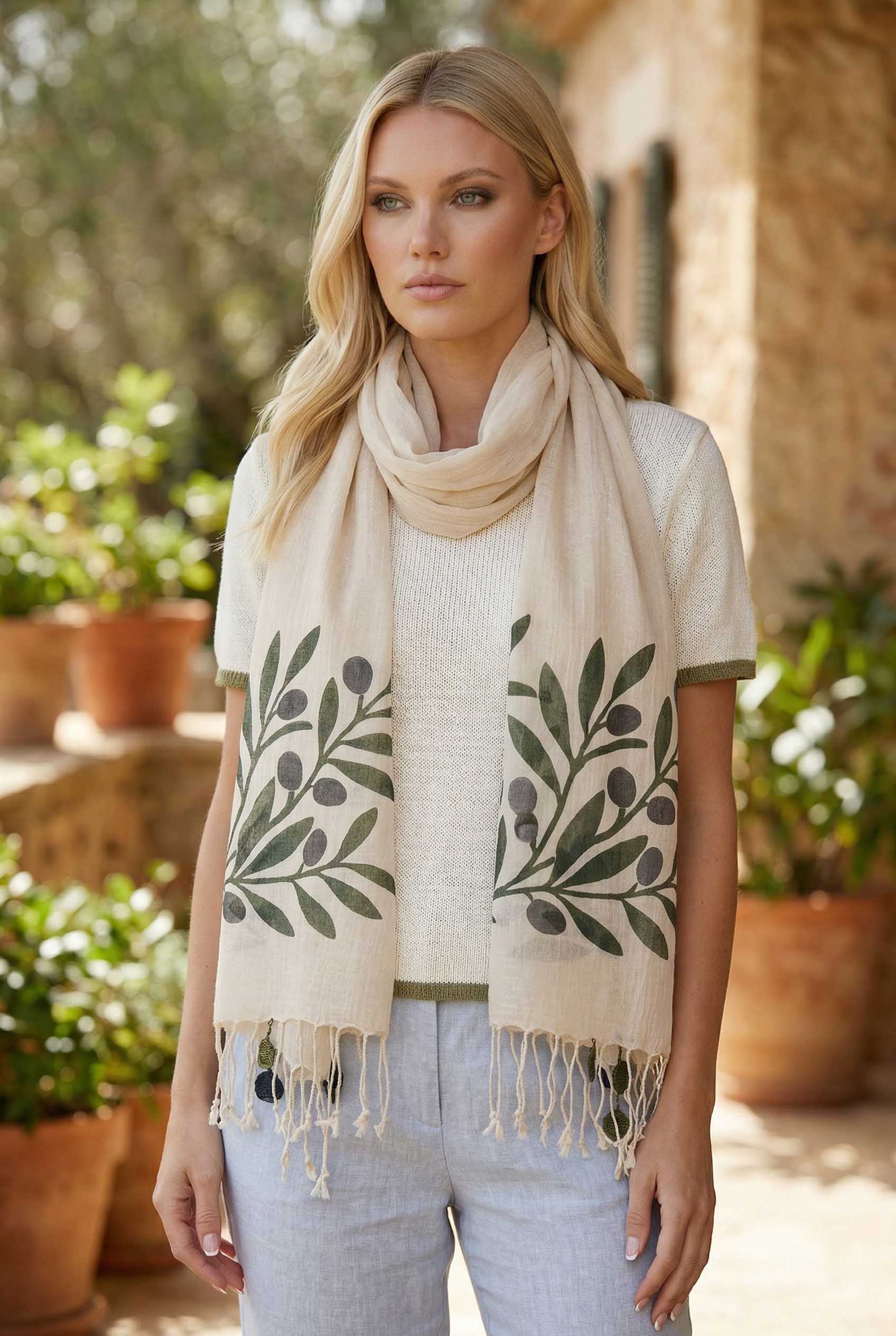 Zeytin Desenli Pamuk Fular 50x200 cm | %100 Pamuk Kadın Fuları