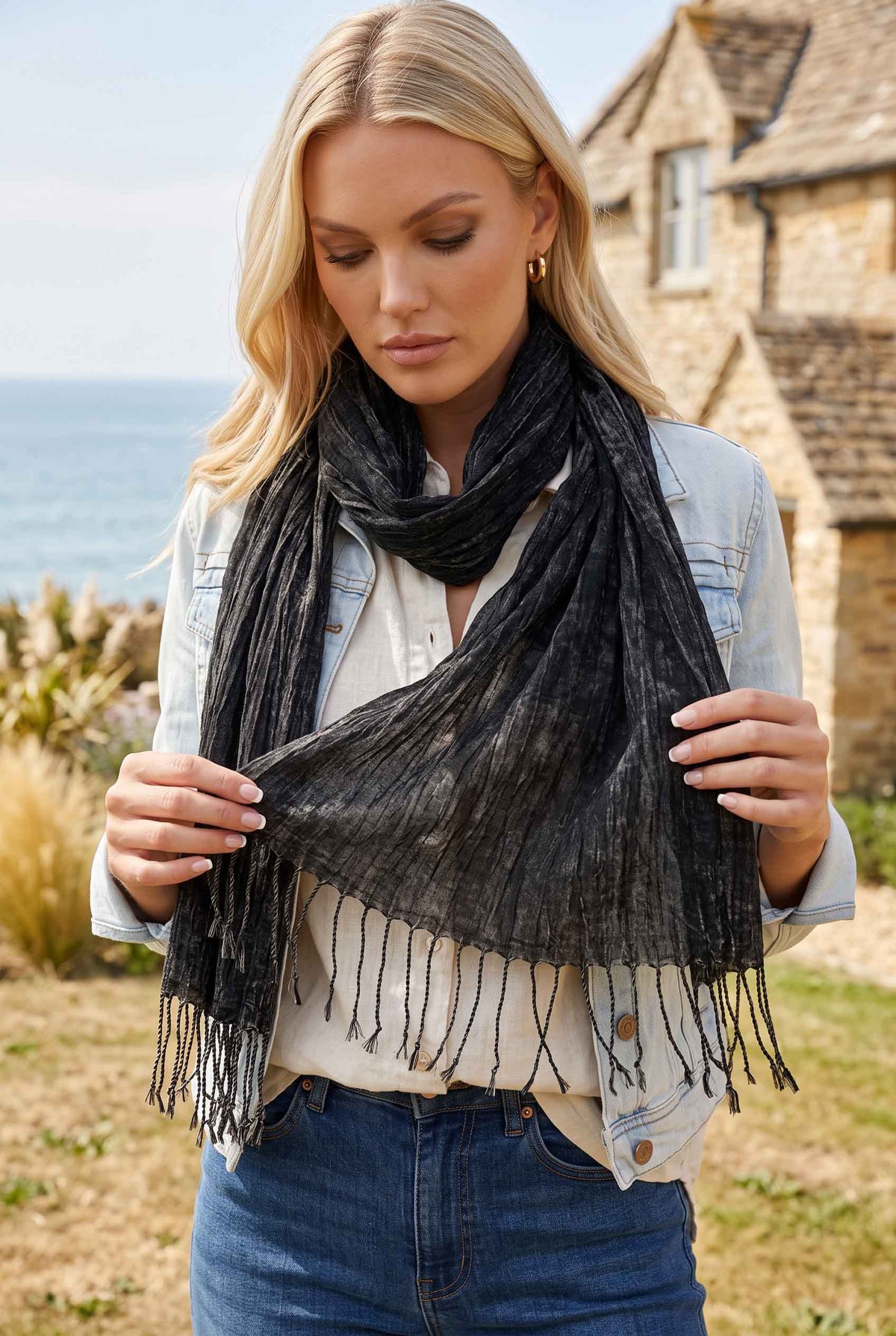Kadın Siyah Denim Pamuk Fular | 45x195 cm