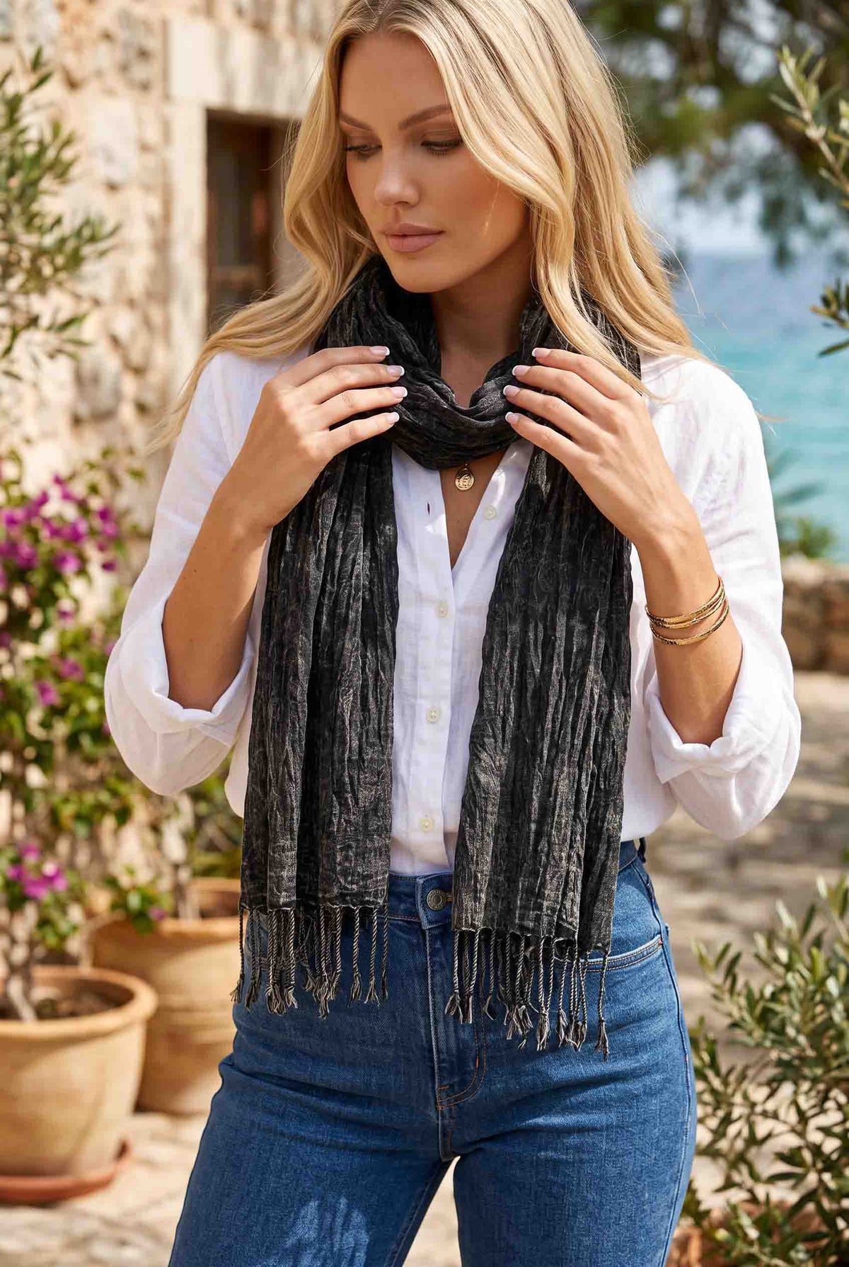 Kadın Siyah Denim Pamuk Fular | 45x195 cm