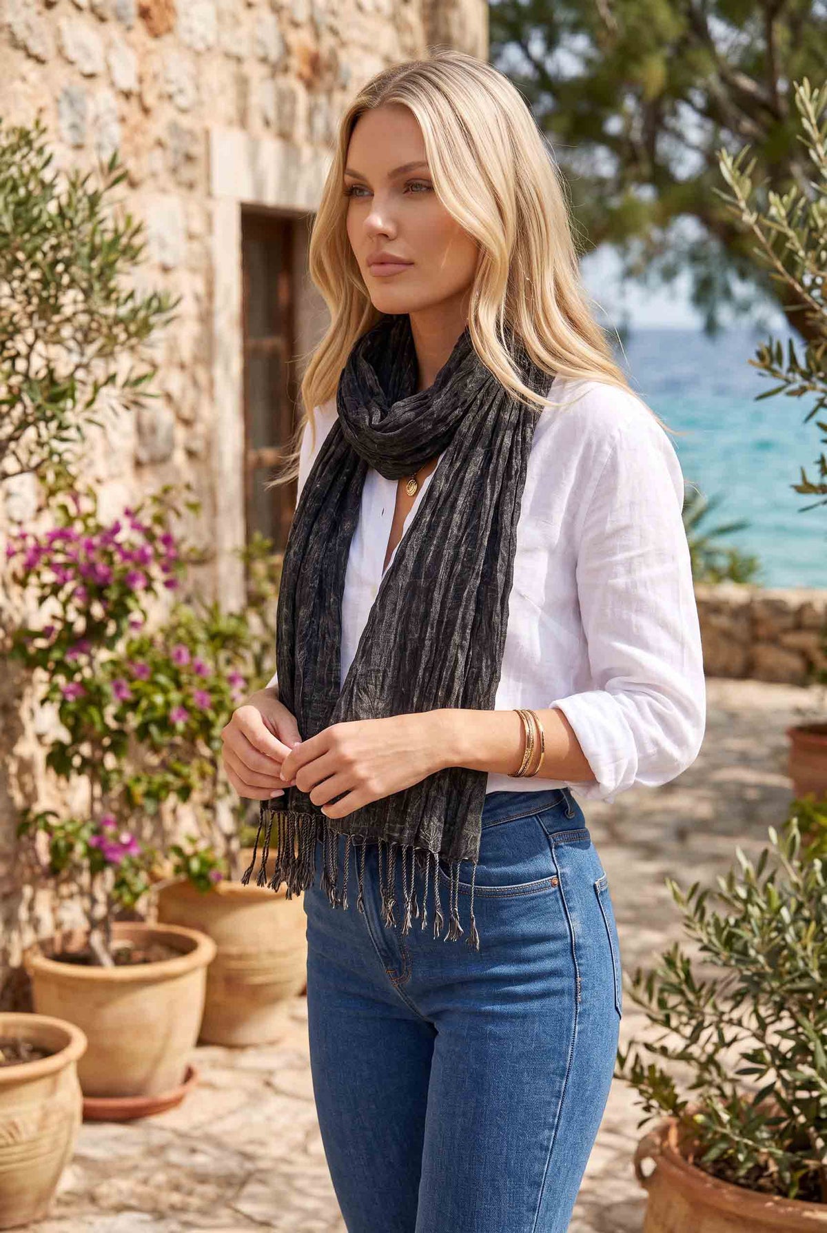 Kadın Siyah Denim Pamuk Fular | 45x195 cm